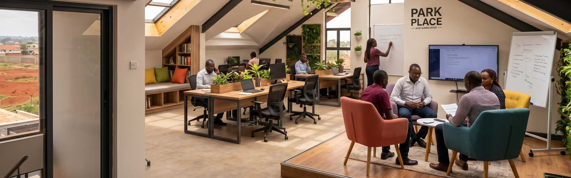 Colleagues working at desks and meeting in armchairs in a bright open plan office.