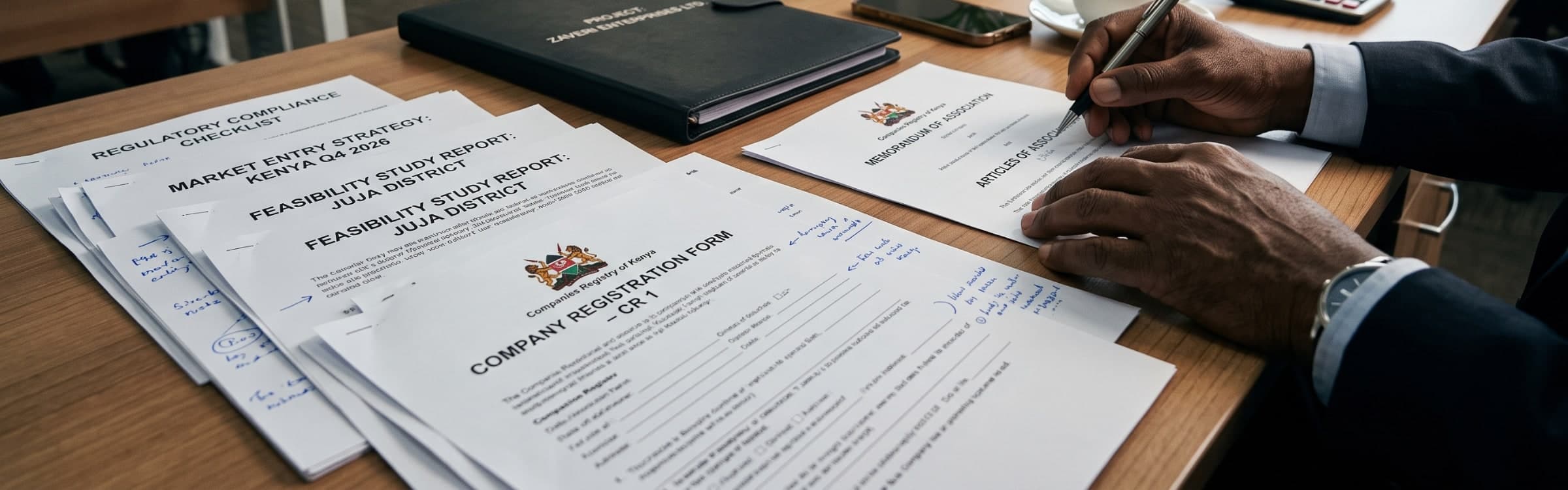 Company registration paperwork being signed at a desk beside market entry reports.