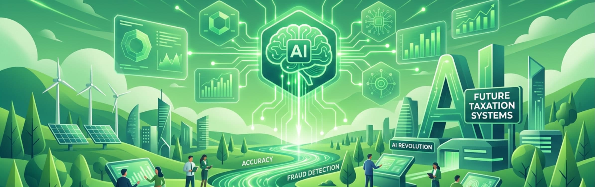 Illustration of a green landscape with wind turbines, solar panels and city towers, centred on a glowing AI brain icon wired to floating dashboard panels.